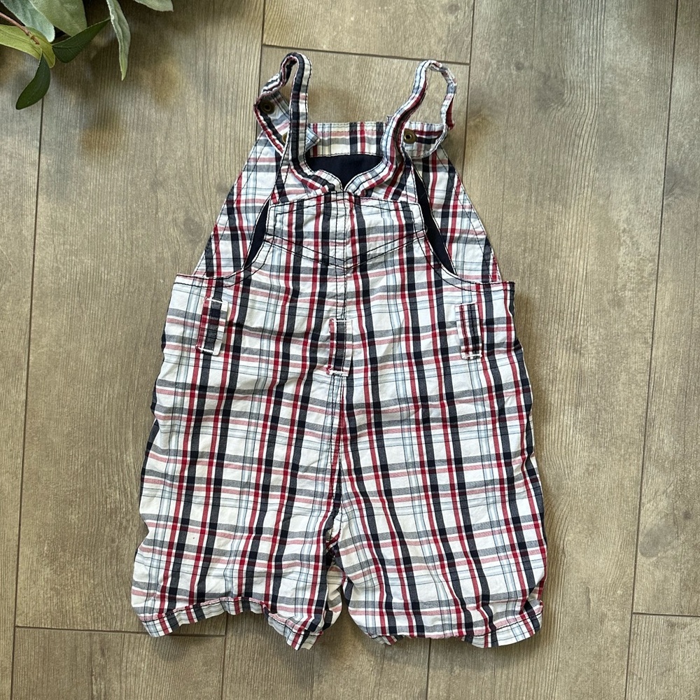 Y2K Gymboree Baby Boy Plaid Red White Blue Overalls Shortalls 6-12 M 100% Cotton - Picture 6 of 14